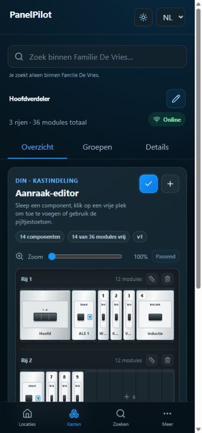 Digitaal overzicht van een groepenkast in PanelPilot