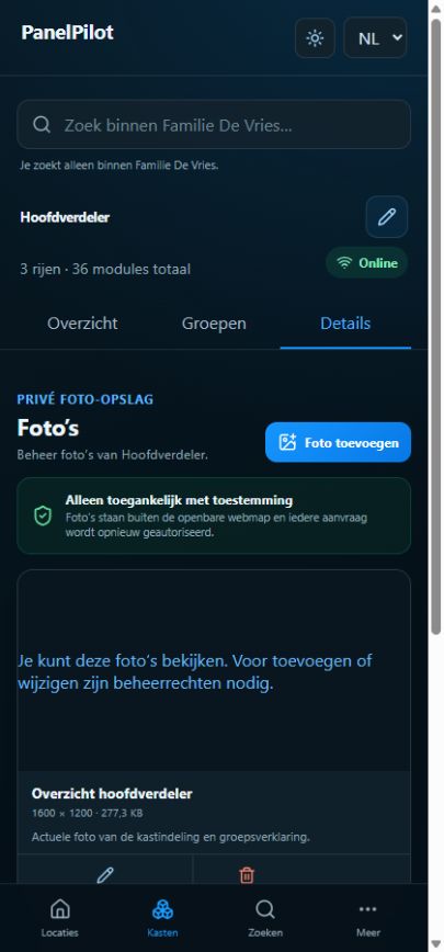 Detailgegevens van een groepenkast in de PanelPilot-app